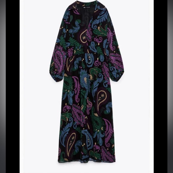 Zara Black/Multicolored Paisley Print Chiffon Balloon Sleeve Mosaic Dress NWT XS - Picture 8 of 16